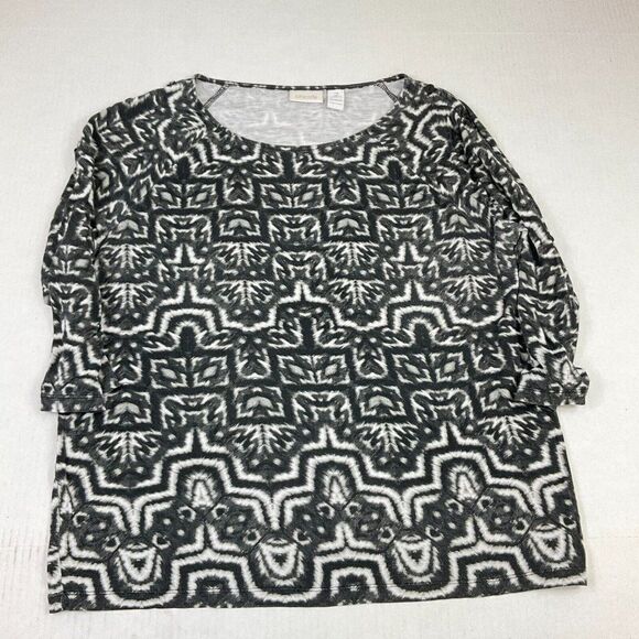 Chicos Black White Geometric Print Knit Top 3/4 Open Sleeve Stretchy Boho Art L - Picture 1 of 11